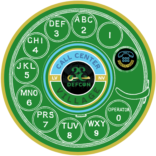 A rotary phone with Call Center Village and the DEF CON 33 logo in the center, and a quick-call option for Party Line.