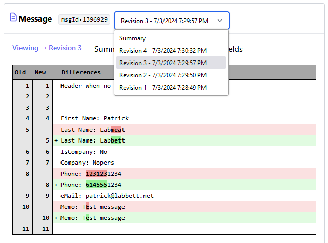 Diff-using message summaries