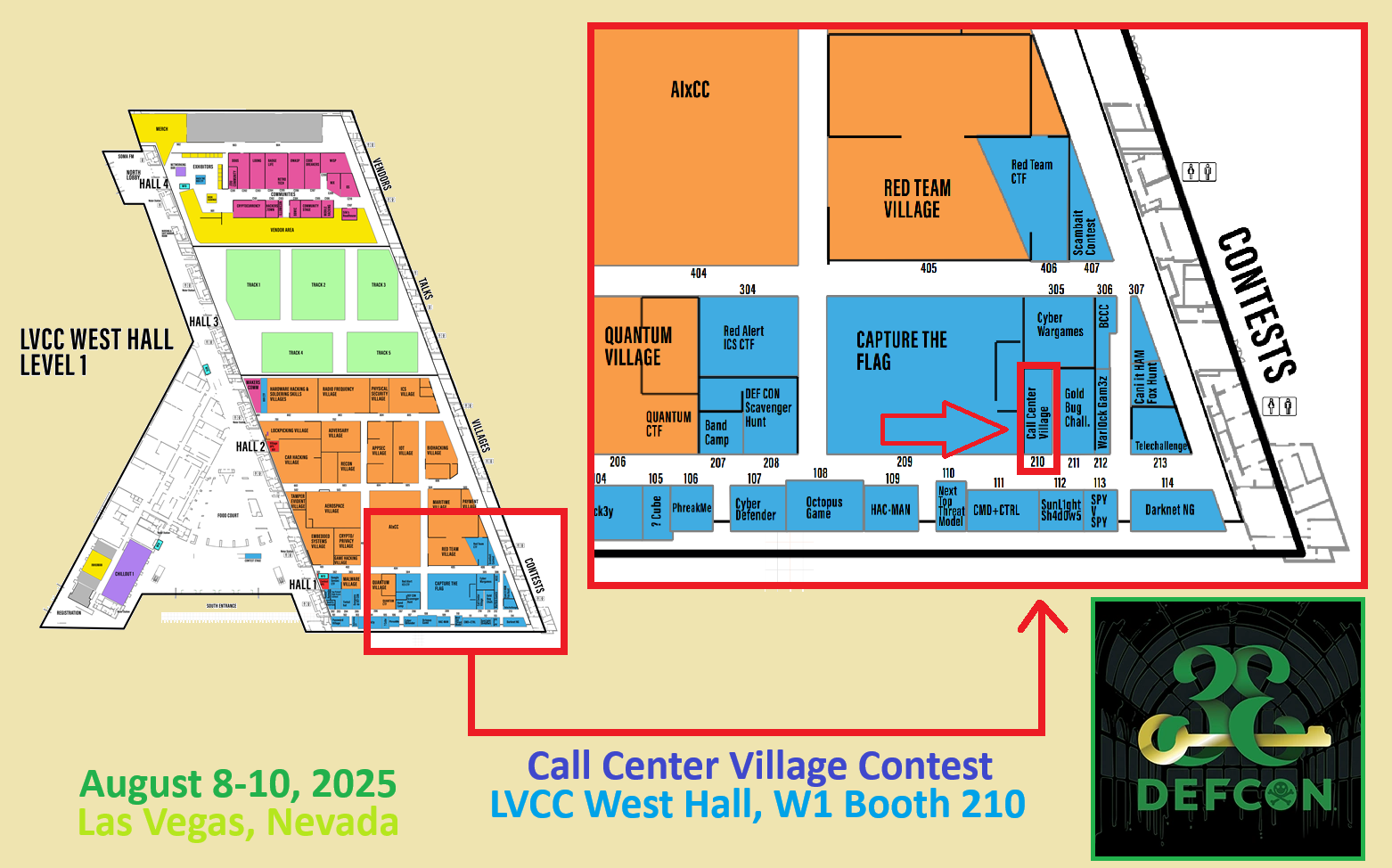 A map depicting the location of Call Center Village contest at DEF CON 33
